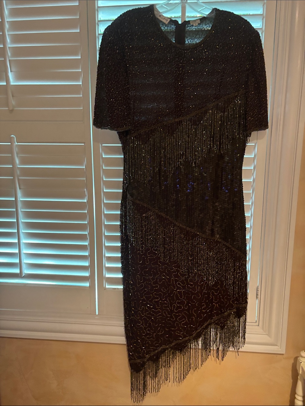 Scala Brown Beaded Fringe Evening Dress